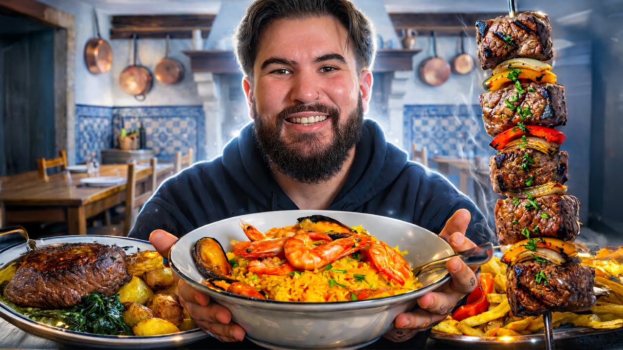 VITELA ASSADA, ESPETADA DE CARNE, ARROZ DE TAMBORIL I PORTUGUESIA