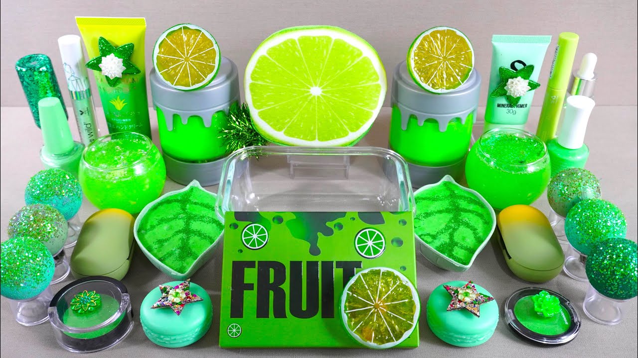 Lime green slime mixing with clay glitter and makeup 🍋💚 ★ASMR★ slime video 139