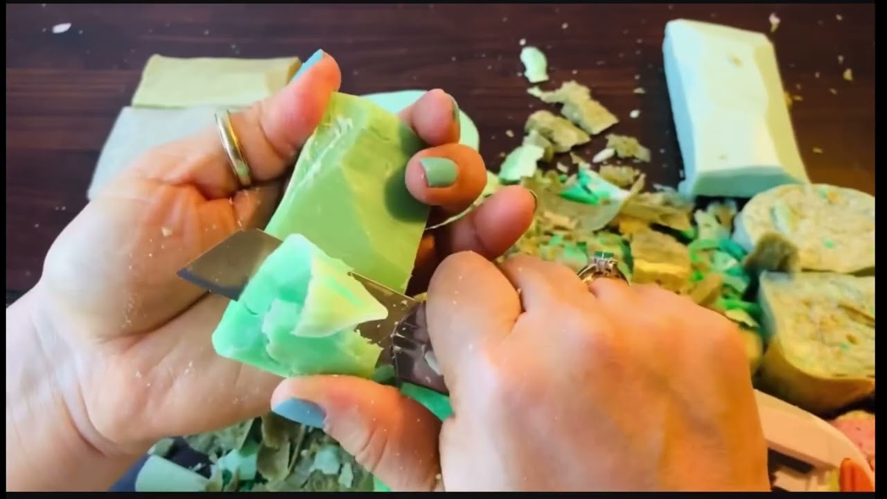 Cutting  leftovers green bar soaps 🧼 💚