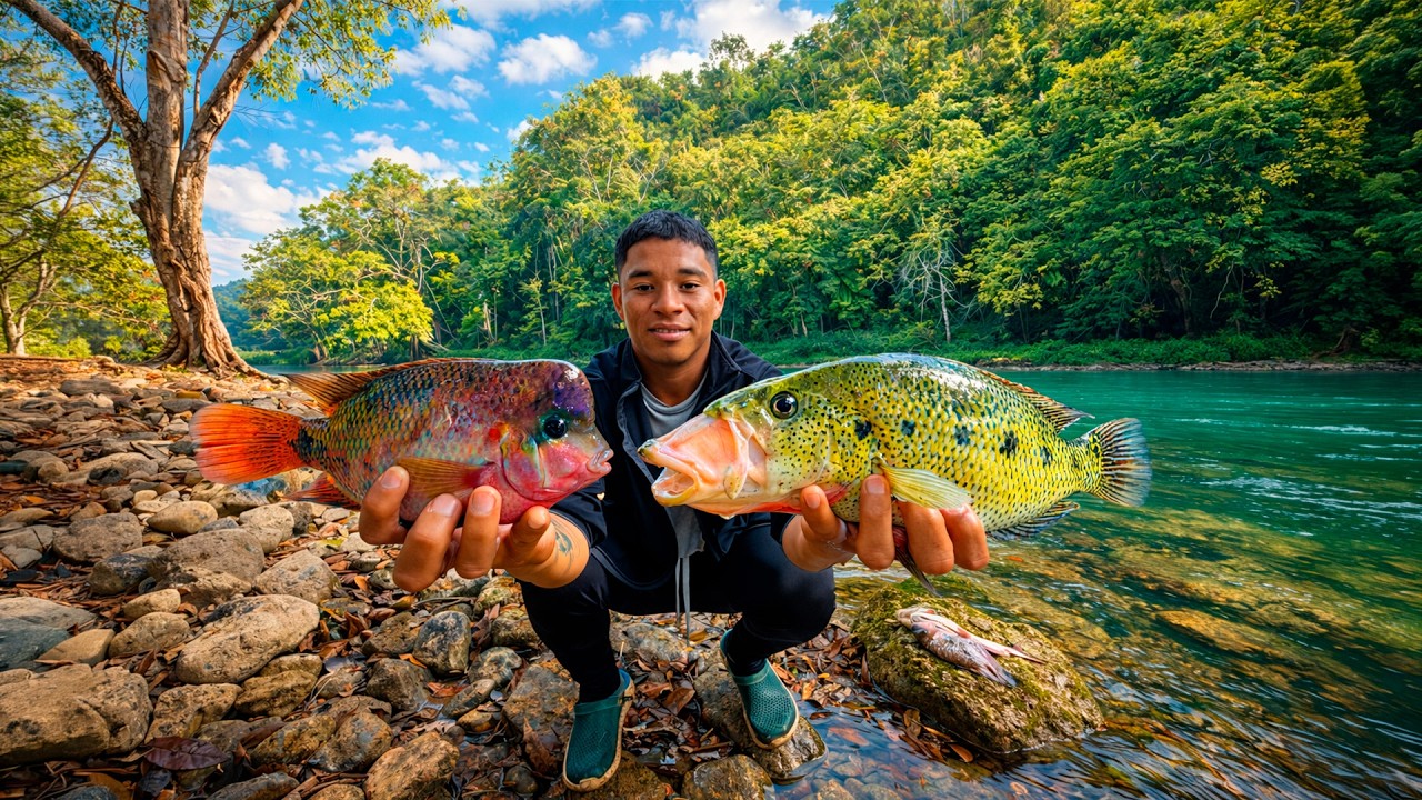 Pesca cocina y campamento en un río cristalino hermoso enormes capturas con arpón