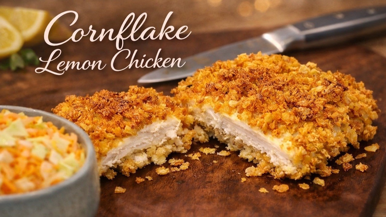 Crispy Cornflake Lemon Chicken Thighs with Coleslaw | Oven Baked & Extra Crunchy 🍗 🍋