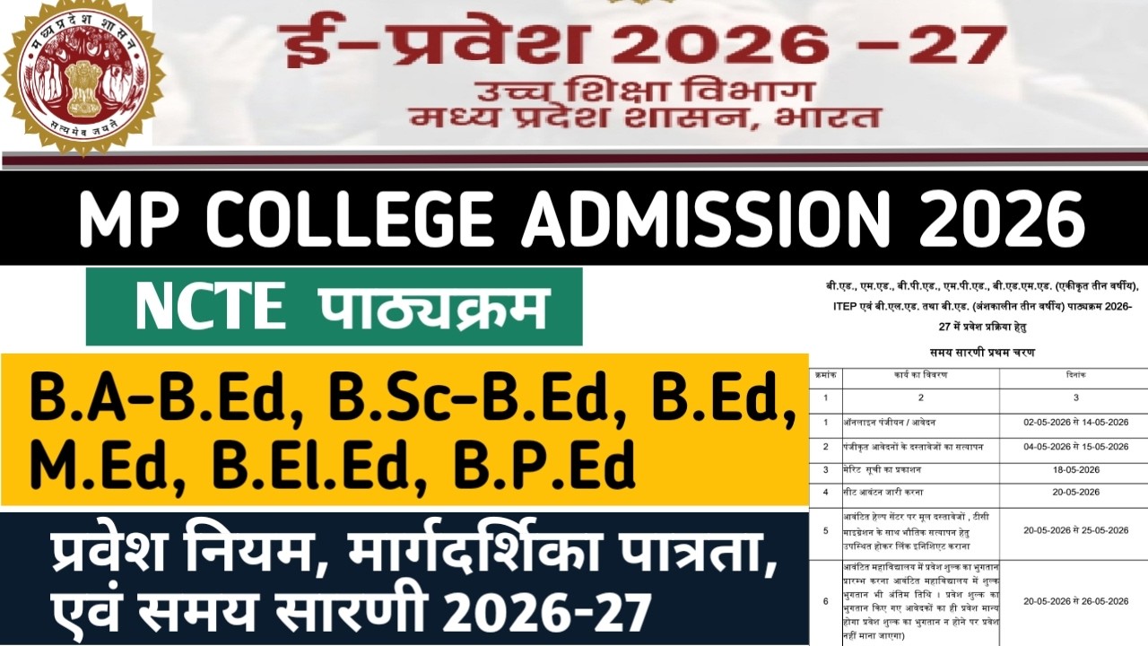 MP B.Ed Admission 2026: BA BED,BSC BED,MED,B.EL.ED Registration Date, Eligibility, and Document List