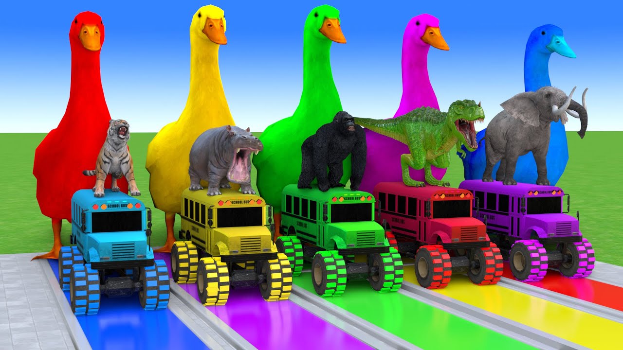 5 Giant Duck Cartoon,Cow,Elephant,Tiger,Lion,Dinosaur,Paint Wild Animals Crossing Fountain Animation