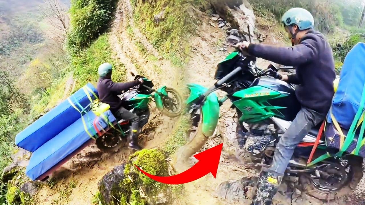 A highly skilled motorcyclist carries an 8,000-pound sofa on a winding, vertical mountain road#funny