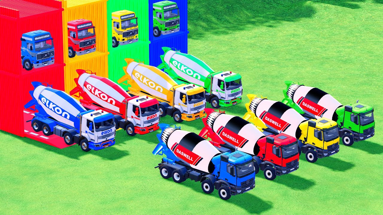 Garage with Colors - ALL MIXER TRUCK WITH DOUBLE FLATBED TRAILER TRUCK, VOLVO, MAN, MACK - FS22