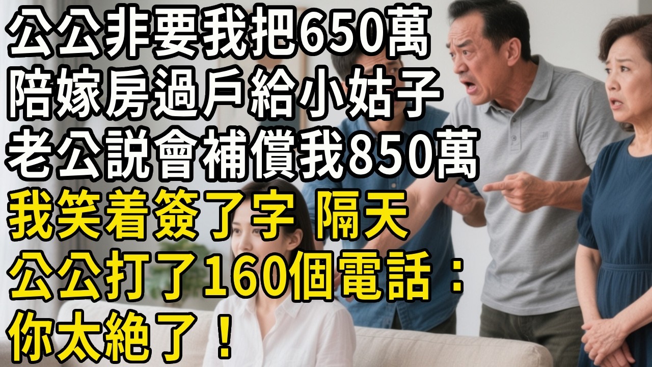公公非要我把650萬陪嫁房過戶給小姑子，老公説會補償我850萬，我笑着簽了字，隔天公公打了160個電話：你太絶了#翠花的秘密#婆媳#家庭故事