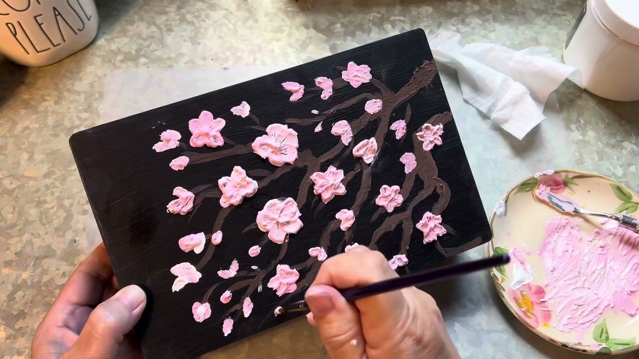 Repurposed Acrylic Painted Cigar Box |Japanese Cherry Blossoms | Jewelry Box Art