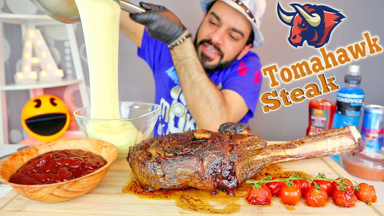 موكبانغ ستيك توماهوك الشهير ضلع بقرة مشوي وجبنة البطاطا المطاطية Giant Tomahawk Ribeye Steak Mukbang