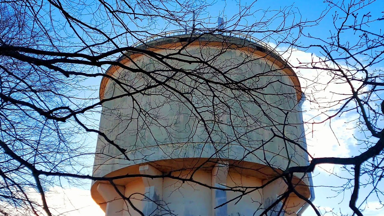 Nobottle Water Tower Revisit, (Closer View Through the Leafless Hedge)