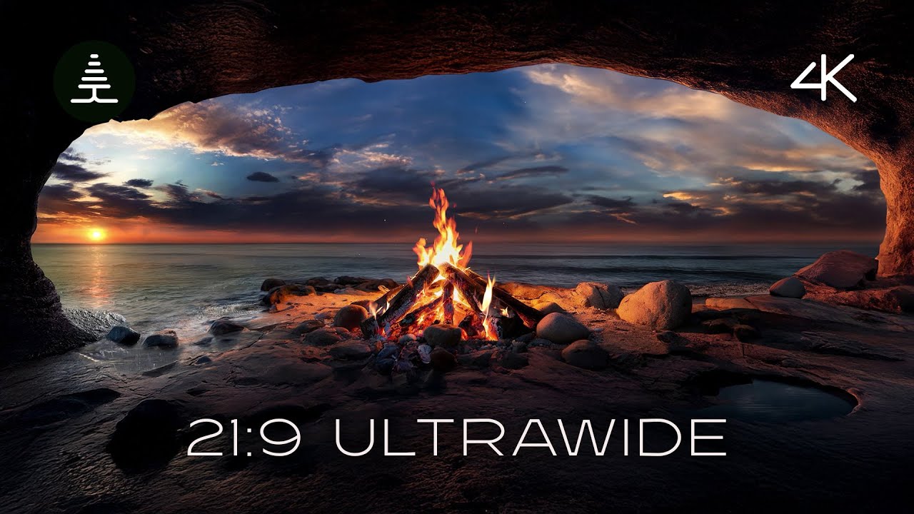 21:9 Ultrawide Campfire Ambience in a Cave | Soothing Bonfire with Ocean Waves 4k