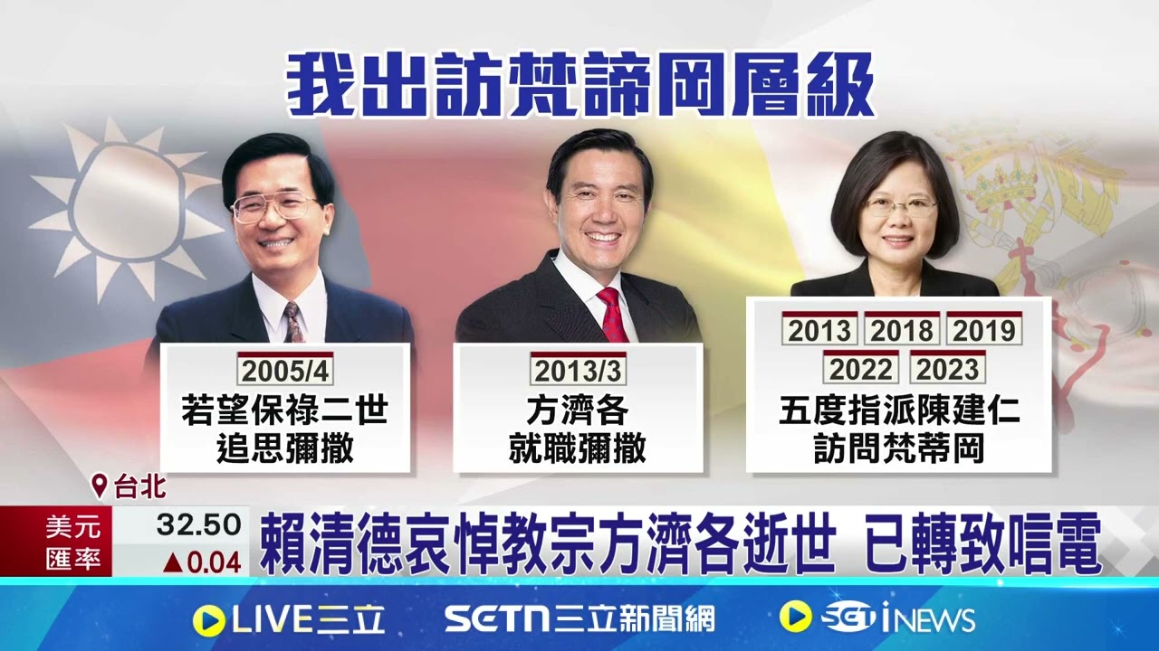 台將派特使赴教宗葬禮 層級受矚人選曝!  教宗逝 總統府降半旗2天.將派特使赴葬禮 賴清德哀悼教宗方濟各逝世 已轉致唁電 │記者 游任博 周威志│新聞一把抓20250422│三立新聞台