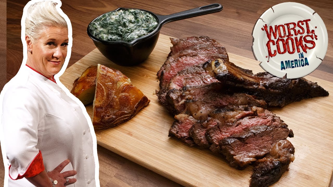 Anne Burrell Makes Ribeye with Pommes Chef Anne and Creamed Spinach | Worst Cooks in America