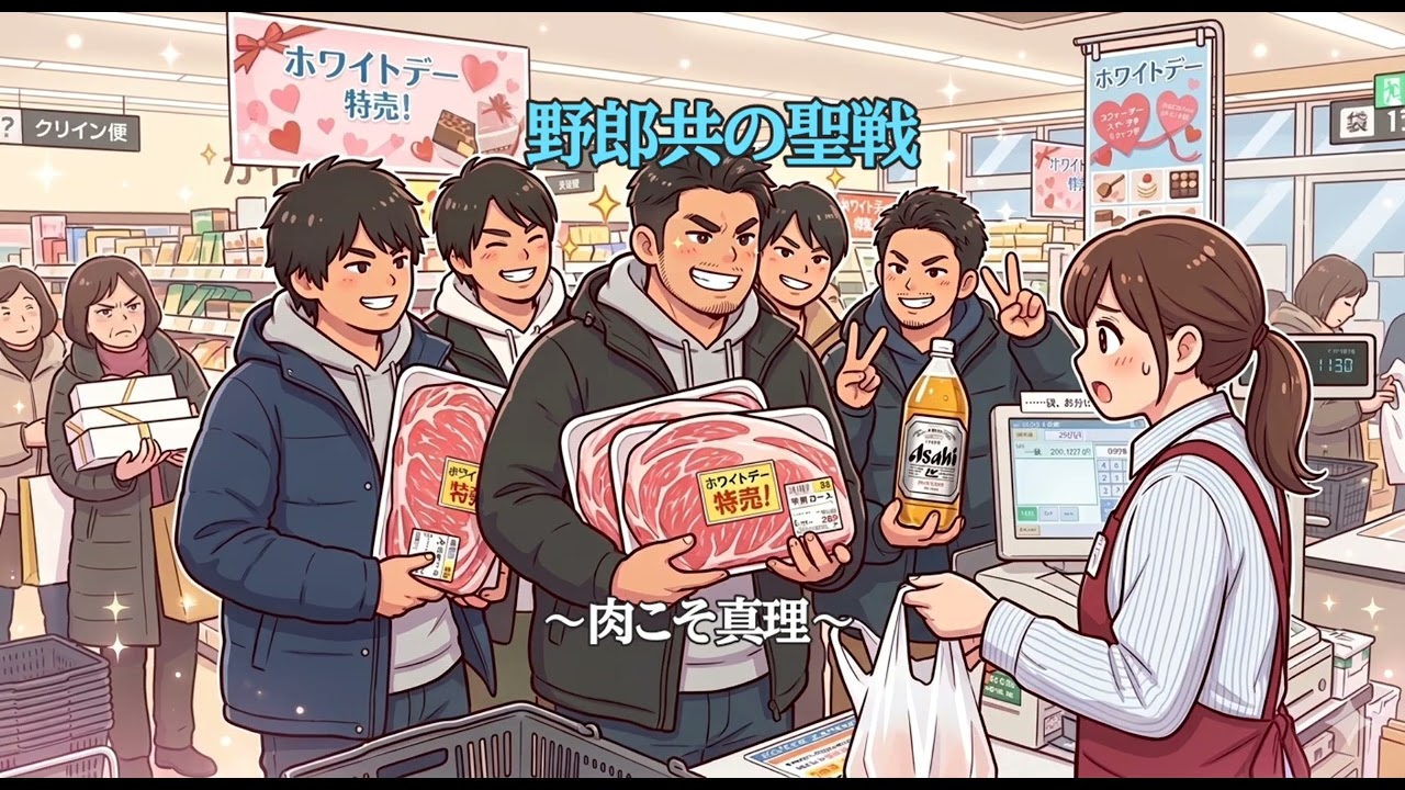 『野郎共の聖戦(ホワイトデー)  ～肉こそ真理～』そうだ❗肉こそ至高‼️糖分よりタンパク質‼️(AI Songs)