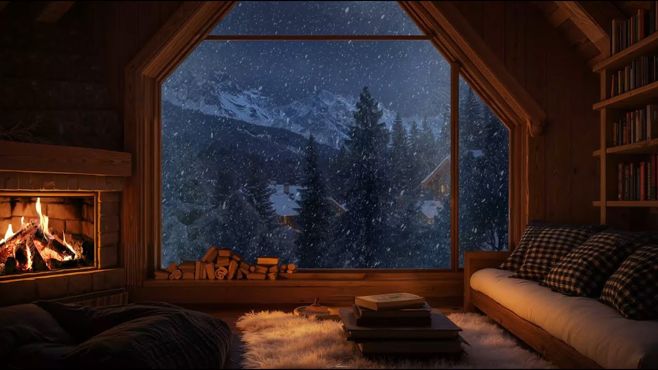Snowy Wind Outside a Cozy Cabin (No Ads) | Crackling Fireplace for Relaxing Night Rest