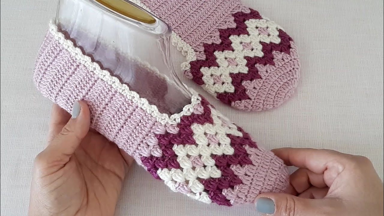 Tığ İşi Çeyizlik Kolay Kilim Desen Patik Yapılışı / Crocheting Slippers Knitting Design DIY