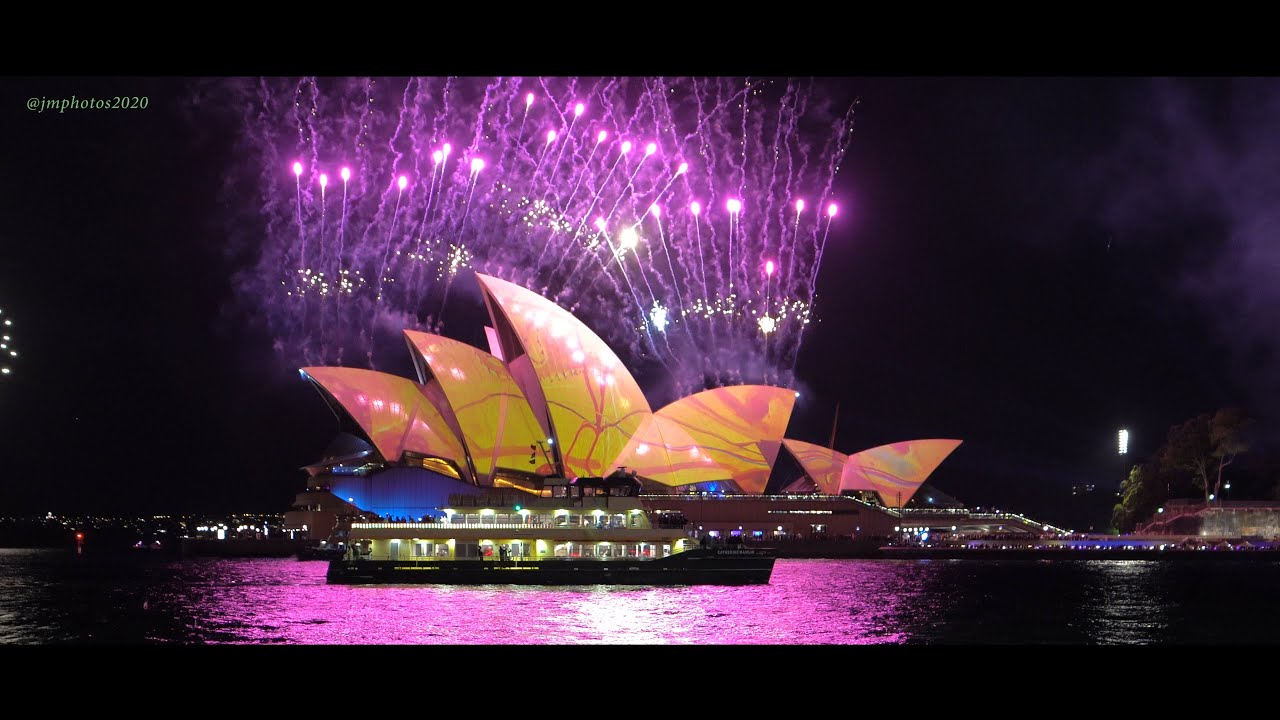 Vivid Sydney 2023  --  First Night of Vivid Sydney - Fireworks at the Sydney Opera House .
