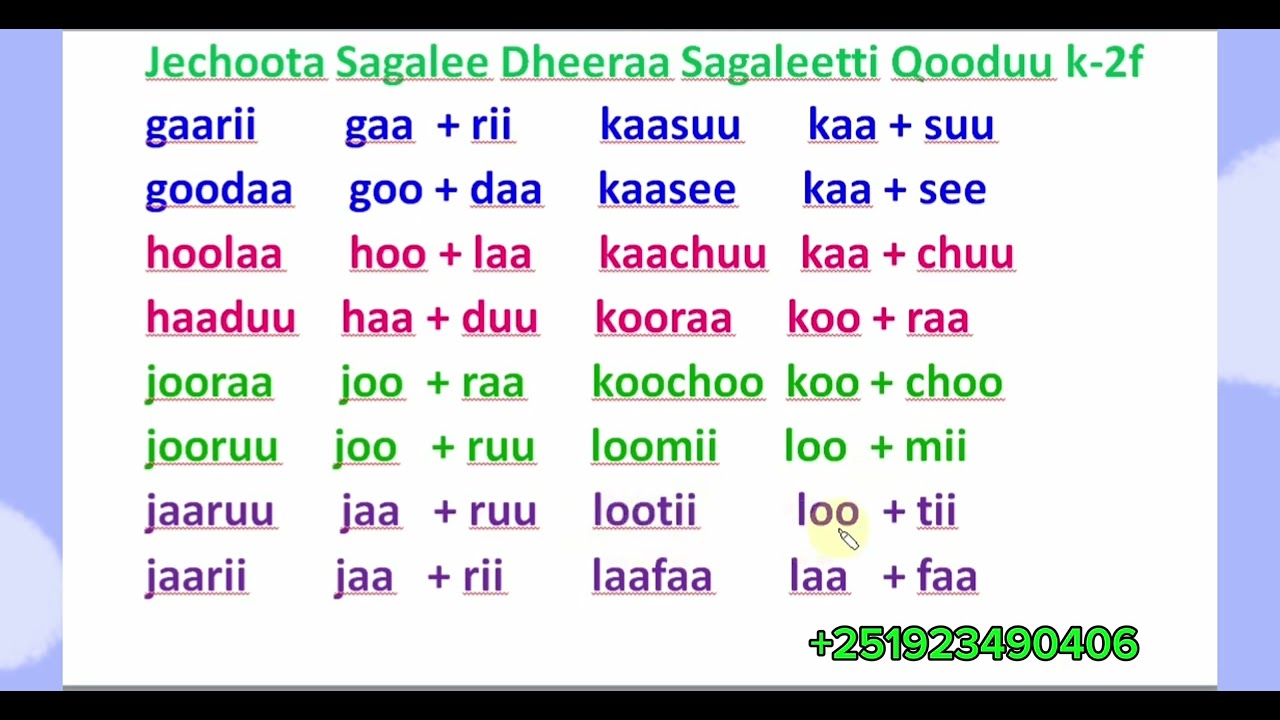 Jechoota Sagalee Dheeraa Sagaleetti Qooduu kutaa2ffaa  # Learn Afaan Oromoo #Amharic English letters