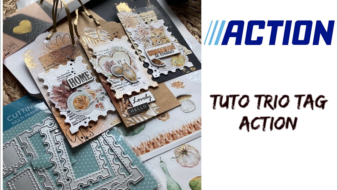 Tuto tag Action facile 3 couleurs blanc noir et kraft avec dies timbres et stickers (autocollants)