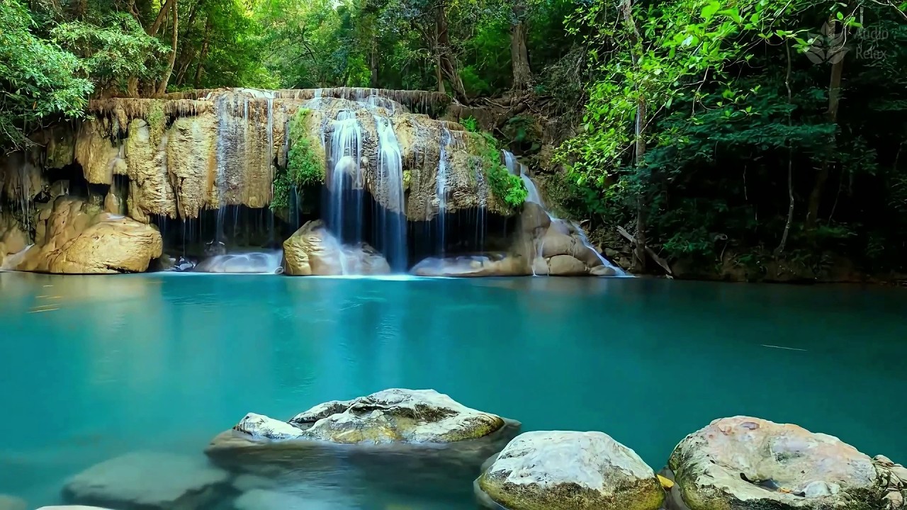 10 Hours of Turquoise Waterfall & Deep Lake 💎 Healing Nature White Noise for Deep Sleep