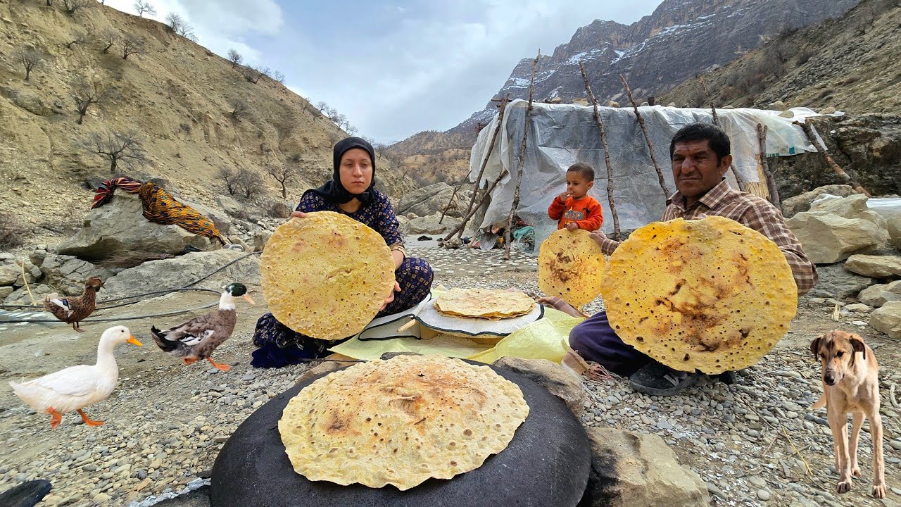 Single Woman Living Alone in the Zagros Mountains| Traditional Bread Baking Over Fire by a WildRiver