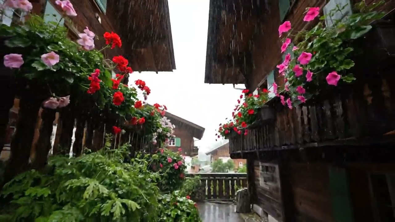 Heavy Rain Walking Tour in a Swiss Village | Stress Relief Rain Ambience