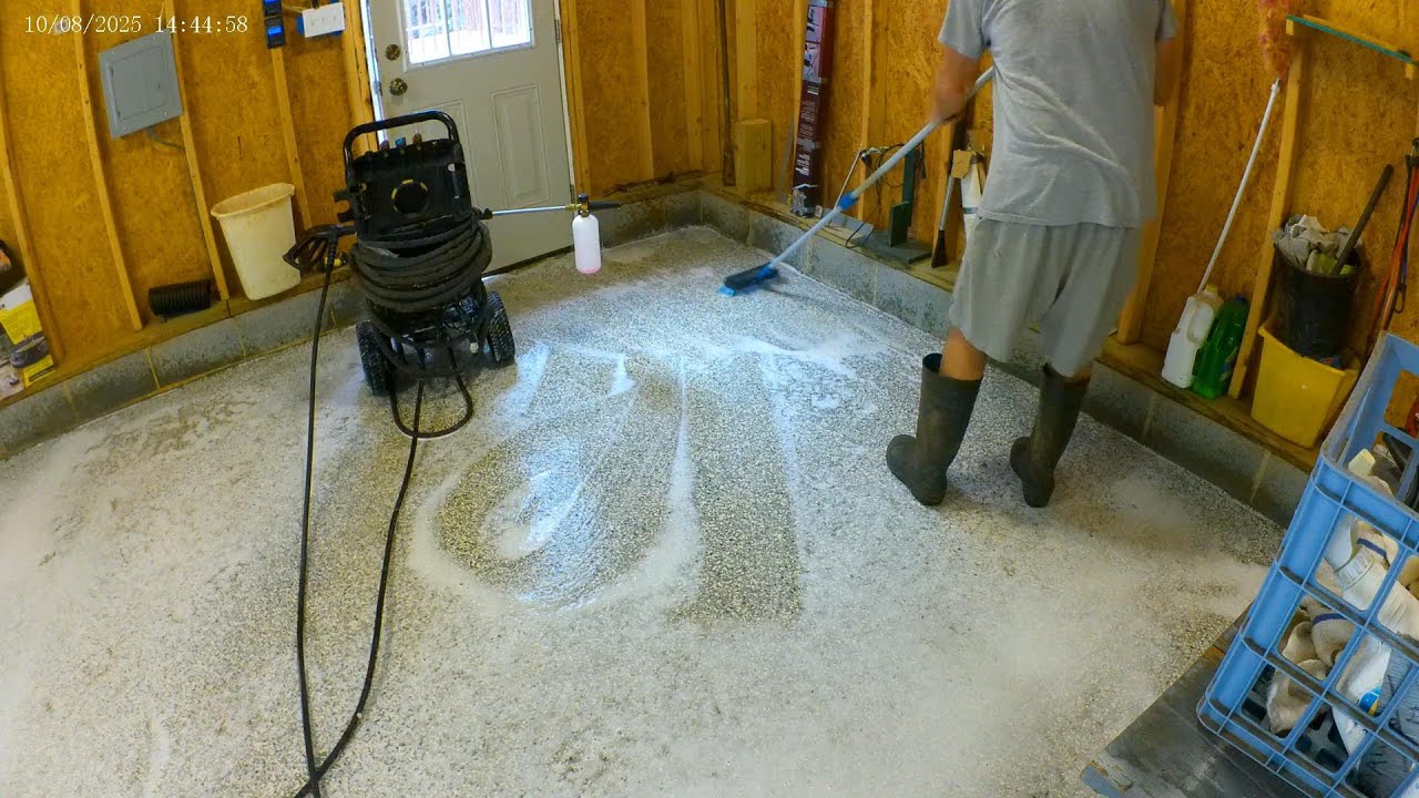 Washing garage floor, hornets while pressure washing, garden arch, deer feeder. ( Home Chores 46).