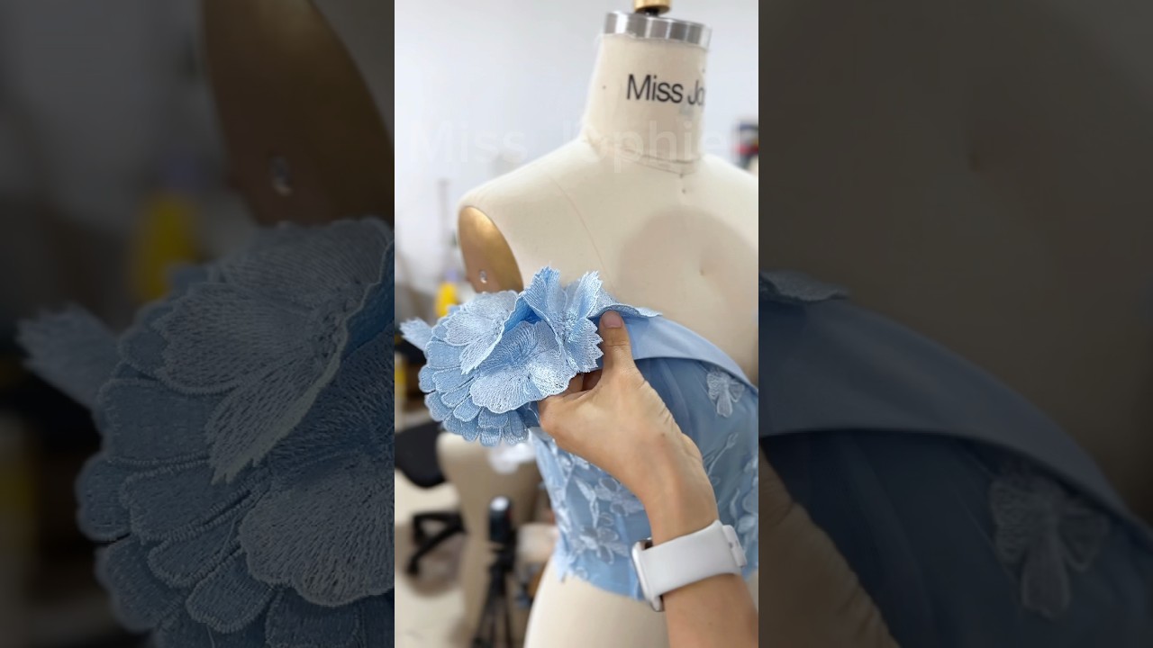 Making a corset off the shoulder 3D floral mini sky blue dress #gown #fashion #sewing #creative