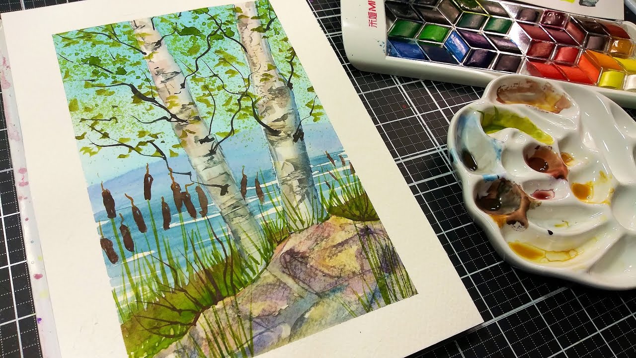 Creating a scene from imagination with rocks and birch trees in watercolor