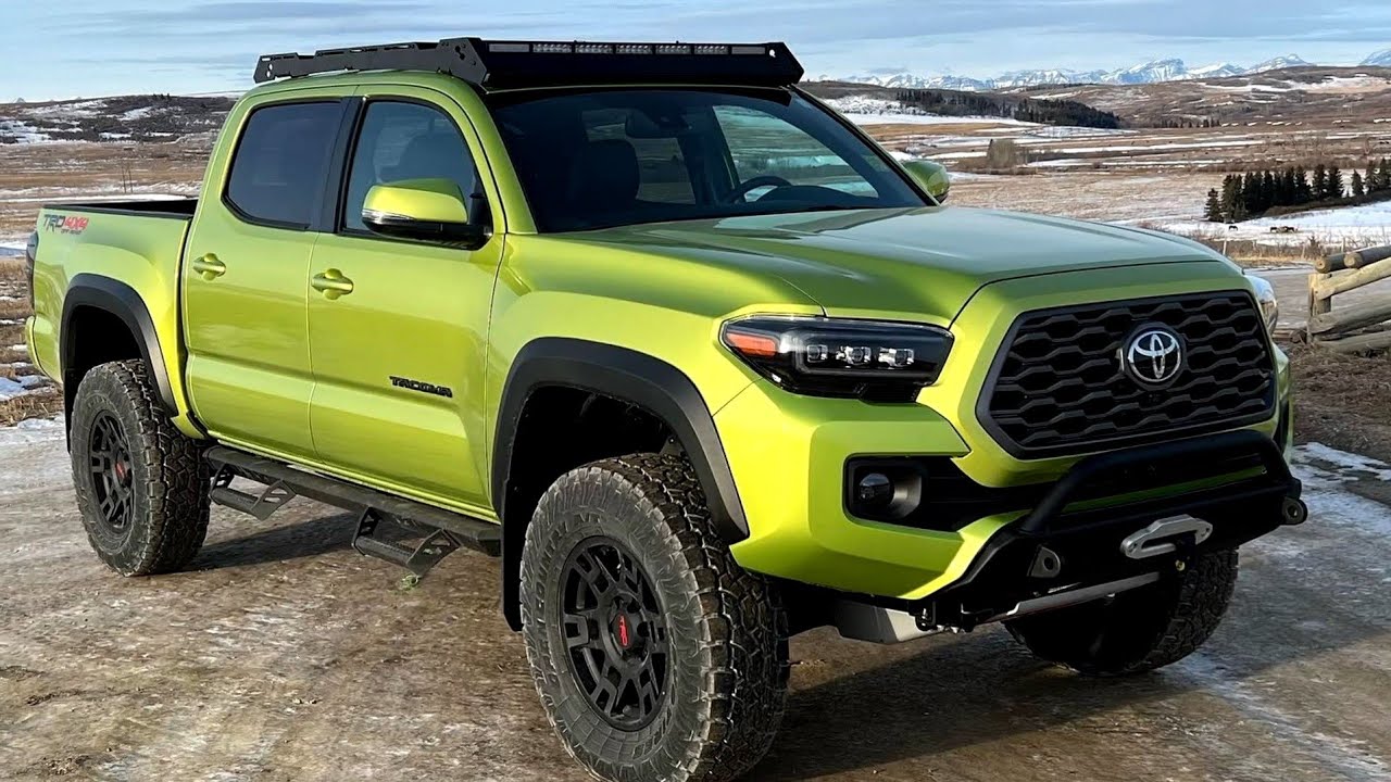 Lifted 2023 Toyota Tacoma TRD Off Road in Lime Rush on 285/70R17 Tires