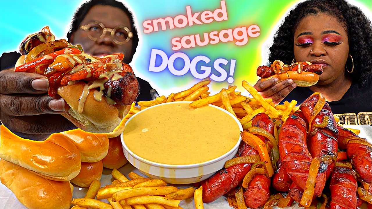 GIANT SMOKED SAUSAGE DOGS W/ ONIONS AND PEPPERS!! | HASHTAG THE CANNONS | MUKBANG EATING SHOW!!