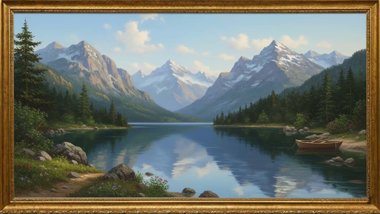 2 Hours Lake and Mountains Screensaver | Summer Oil Painting | Gold Framed for TV 4К
