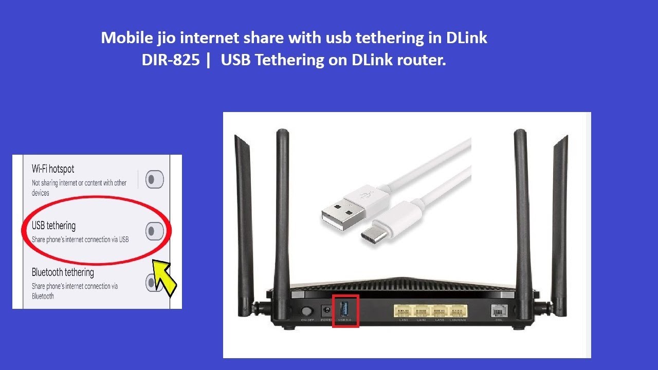 Mobile 5G internet share with usb tethering in DLink DIR-825 and also mobile charging