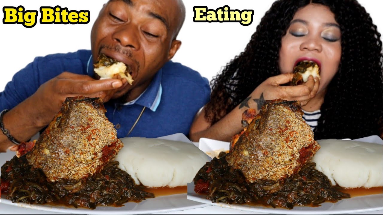 Big Bites Fufu And Efo Riro Soup With Merluza Fish Speed Eating Challenge | African Food Mukbang