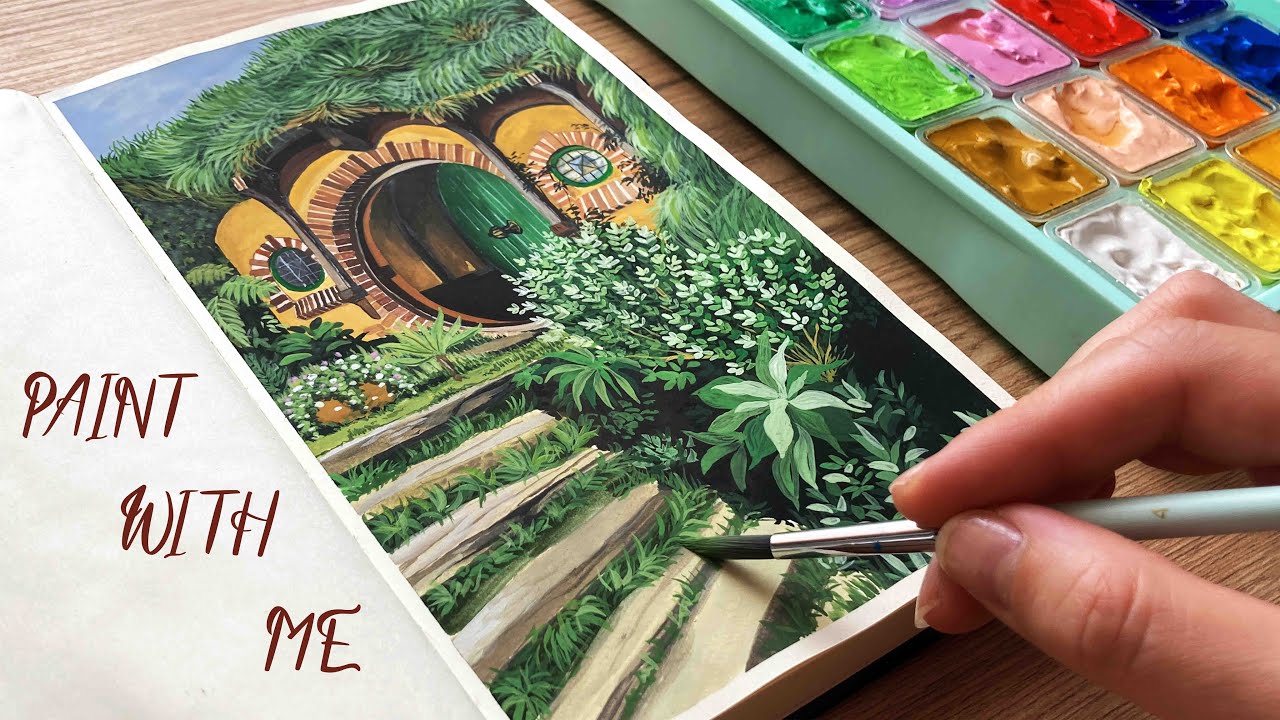 Hobbit House Landscape Painting With Gouache 🎨 Paint With Me