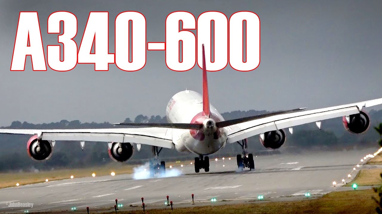 Airbus A340-600 multiple landing and take off at Bournemouth Airport BOH European Cargo ex Virgin.