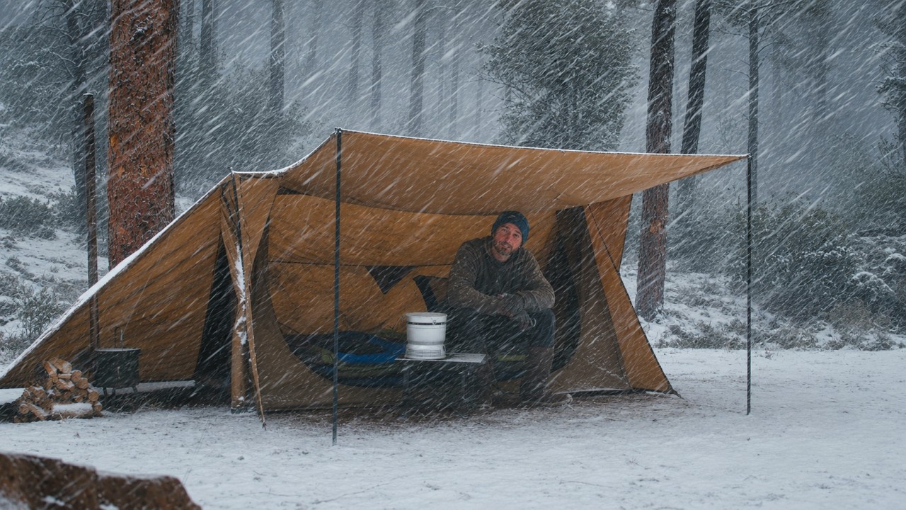 Solo Hot Tent Camping in Snow Storm with My Dog . Wood Stove ASMR