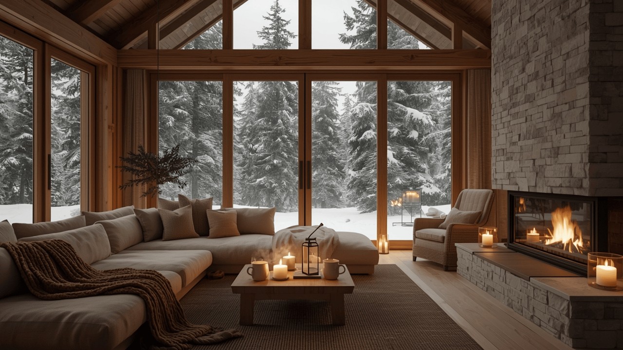 Cozy Winter Cabin with Fireplace & Snowfall | Calm Ambient Music