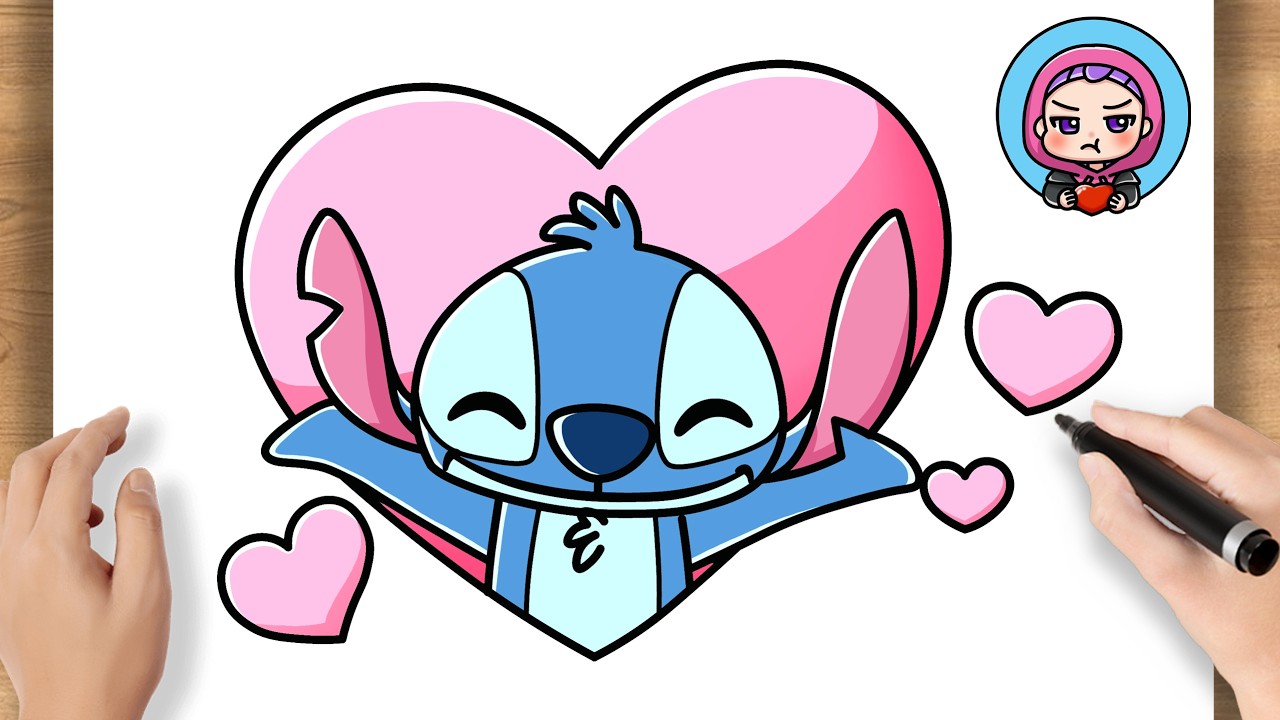 How to Draw Stitch with Hearts Step by Step