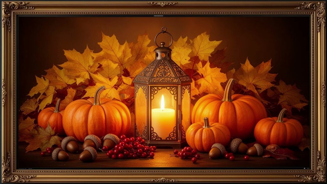 Lantern surrounded by Pumpkins - Screen Art Pictures — TV SCREEN ART