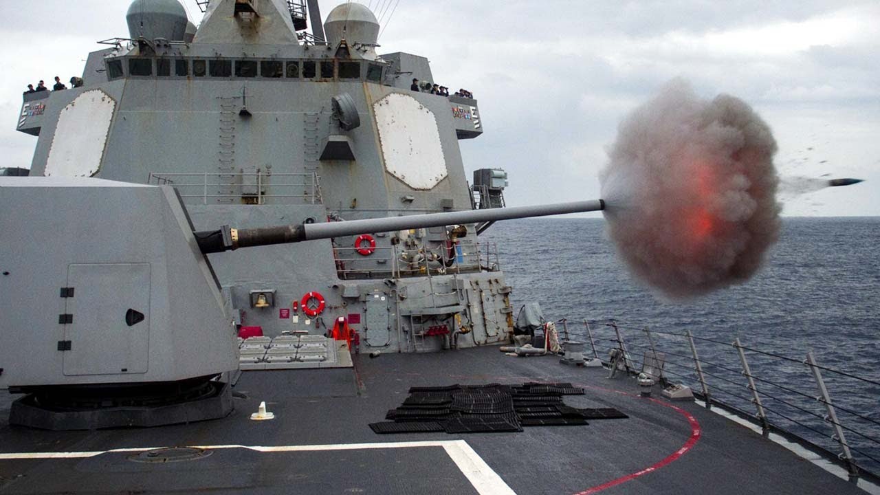 The BAE Systems 127mm Mk 45  Mod 4 gun in action