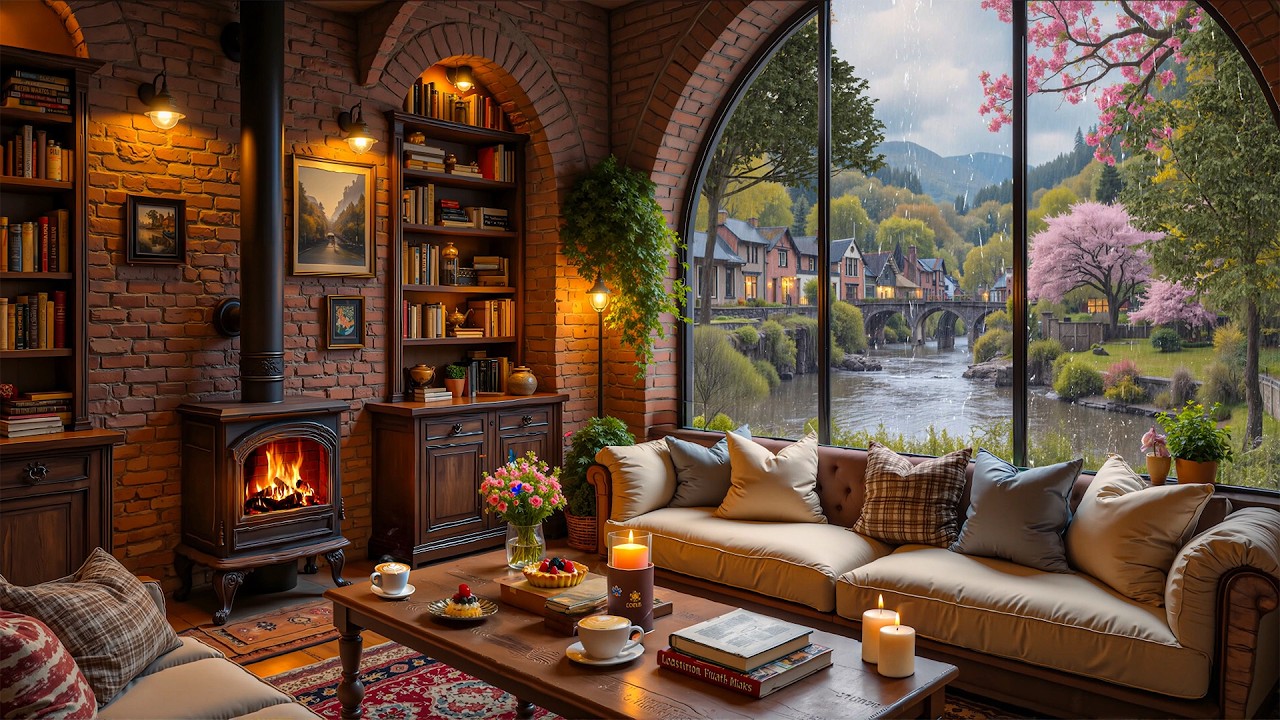 Cozy Spring Jazz At Rain Coffee Shop Ambience☕ Soft Jazz Piano & Rain Sounds for Work & Relax, Focus