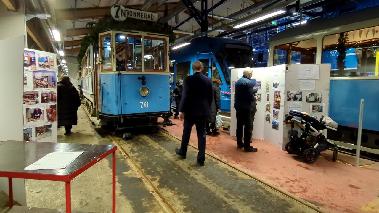 Alkärrshallen tram depot, Stockholm. Open house, old and modern trams, model trams, ride a Mustang