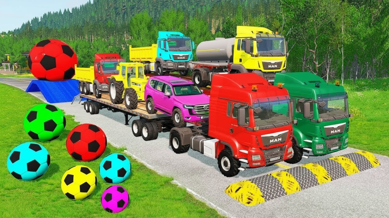 TRANSPORTING PIXAR CARS & FRUITS WITH COLORED & JOHN DEERE vs CLAAS vs TRACTORS - BeamNG.drive #983