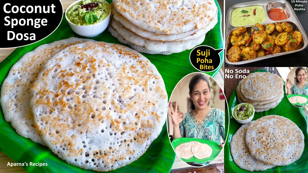 No Soda No Eno No Dal Coconut Sponge Dosa | 2 Super Healthy Breakfast Recipes | Suji Tiffin Recipe