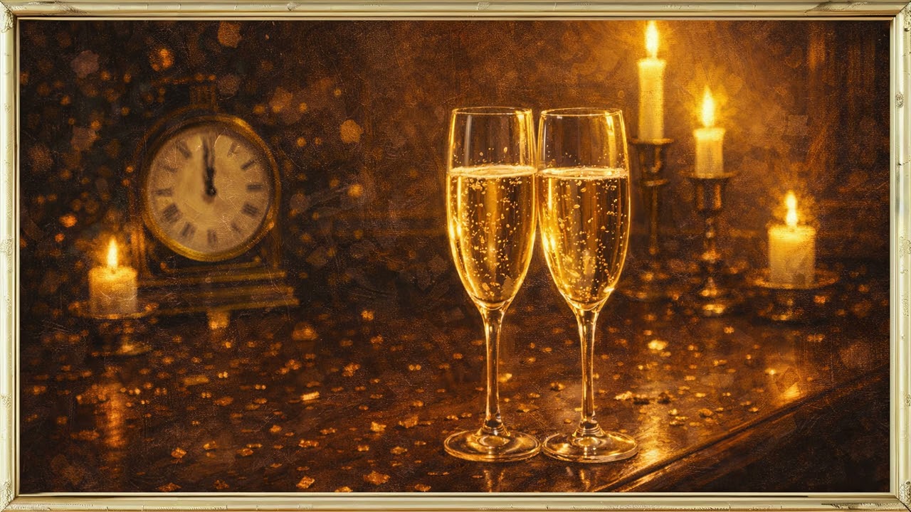 New Year Frame TV Art – Clock & Champagne at Midnight | 4K Ambient Screensaver (No Music)