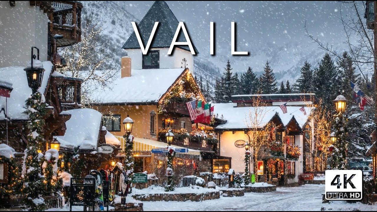 VAIL Colorado - Snowy Day in Christmas Decorated Millionaires Town - 4K Walking Tour