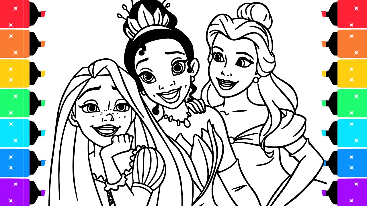 Disney Princess Coloring Pages | Coloring Rapunzel, Tiana and Belle