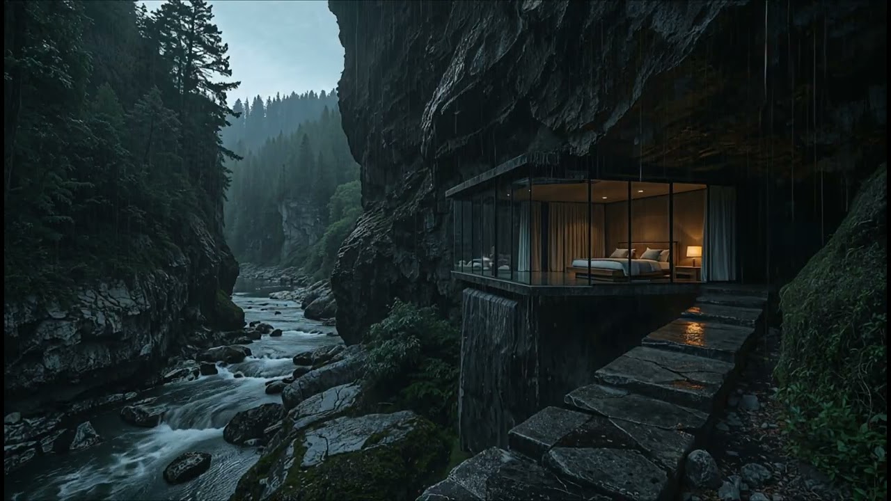 🌧️ Rain & River Sounds for Deep Sleep – Quiet Forest Gorge Cabin Night | No Thunder