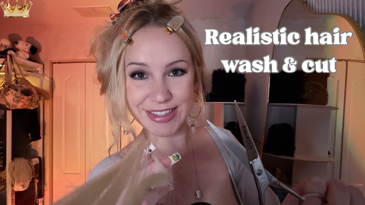 ASMR Realistic hair wash & cut 💇(with bracelets, long nails, & faucet sounds)