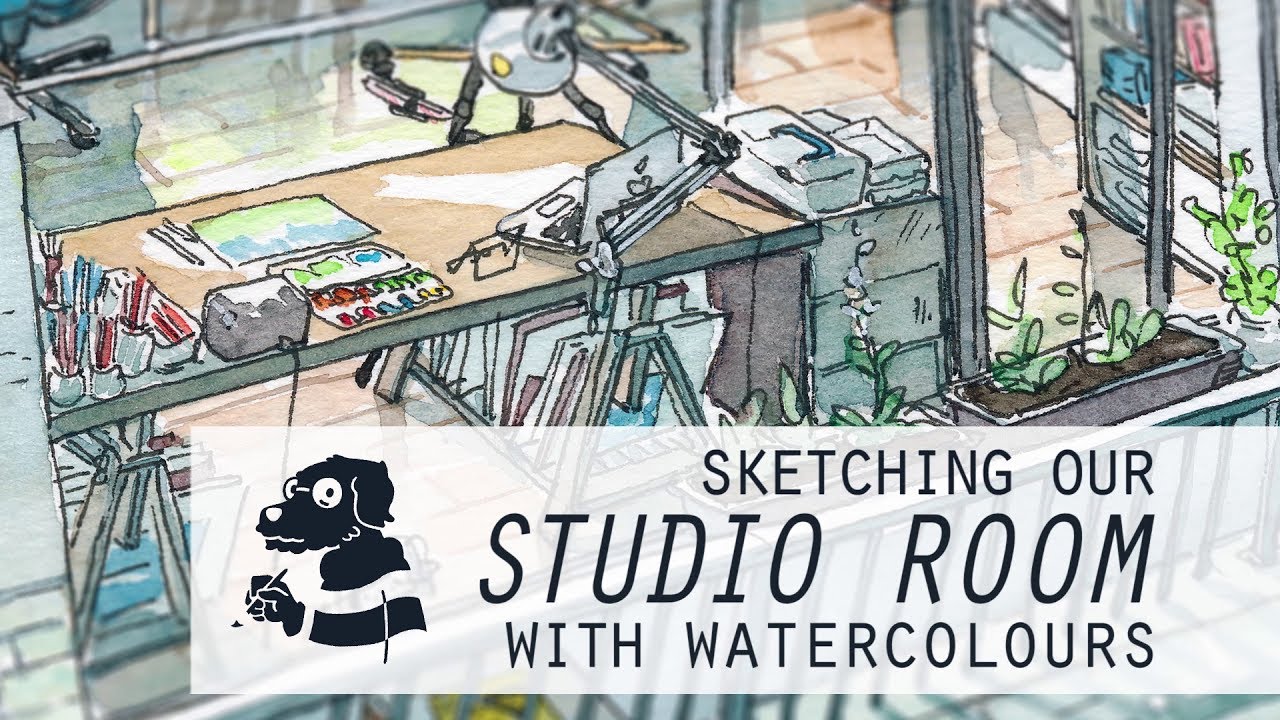 Sketching our studio room in watercolours